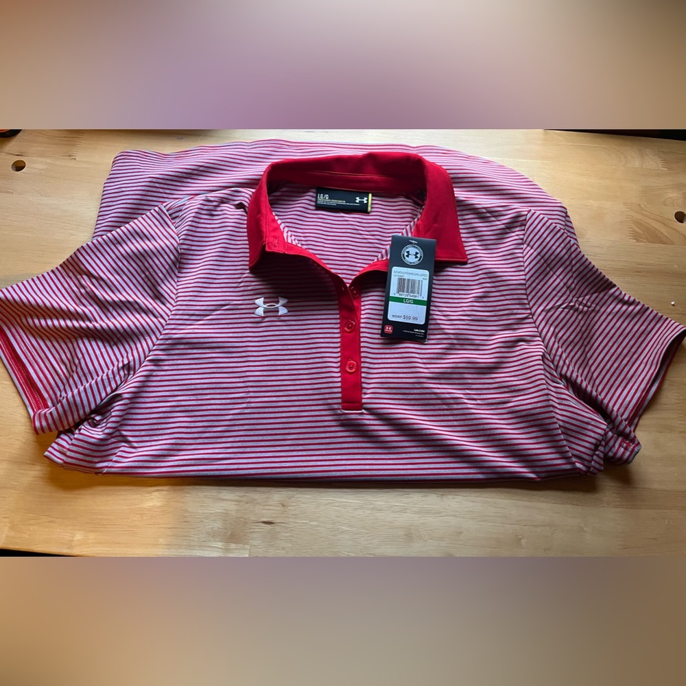Under Armour Polo Golf Shirt Large Red Gray Striped